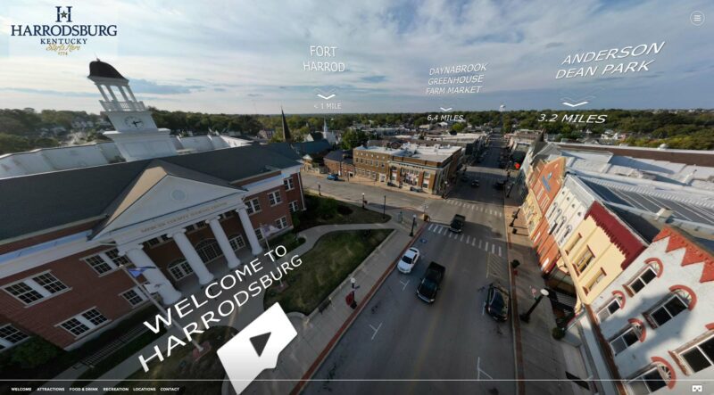 Aerial view of downtown Harrodsburg with navigation arrows.