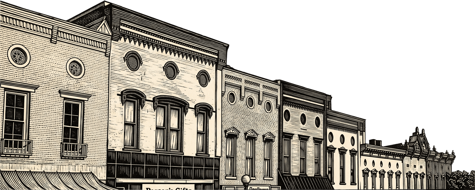 Woodcut illustration Harrodsburg downtown building skyline
